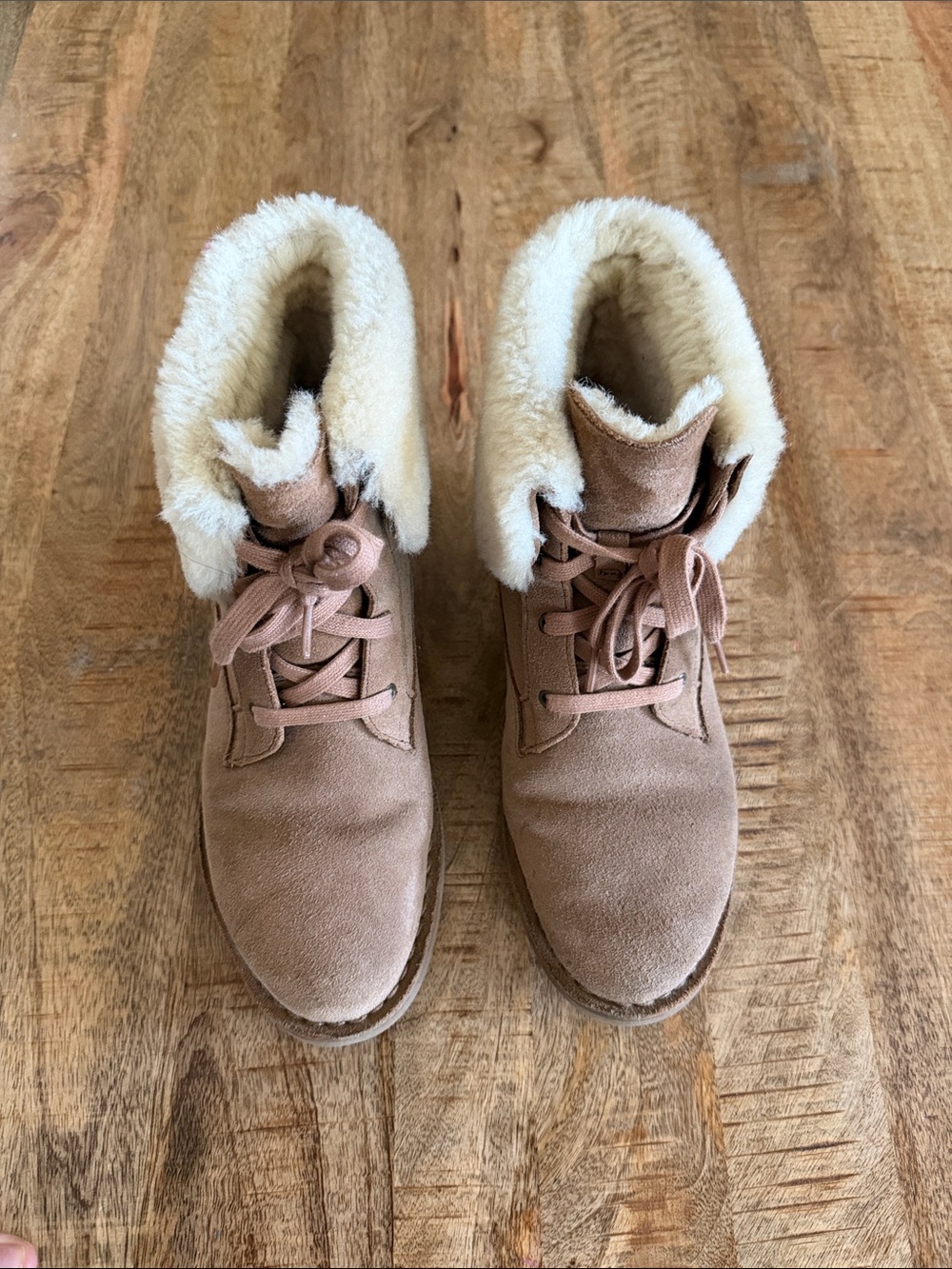 UGG Tan Suede Lace-Up Boots with Cream Faux Fur Collar